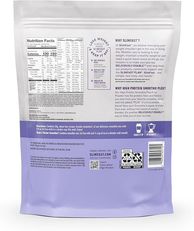 SlimFast High Protein Smoothie Mix Plus 21 Servings, 1.29 Pounds,
