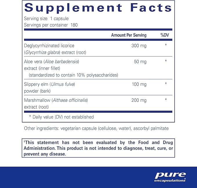 Pure Encapsulations DGL Plus - Gut Health Supplements for Men & Women - with Marshmallow Root, Aloe Vera Extract & Slippery Elm Bark - Non-GMO & Vegan - 180 Capsules