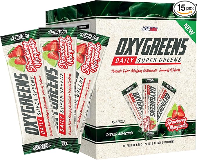EHP Labs OxyGreens On The Go Greens Powder Stick Packs (15 Count) - Greens Packets - Spirulina & Chlorella Superfood, Sugar Free Green Juice Powder, Antioxidants & Immunity Support (Strawberry)
