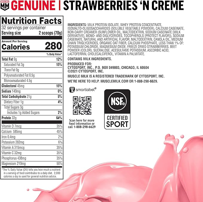 Muscle Milk Genuine Protein Powder, Strawberries 32g Protein, 4.94 Pound