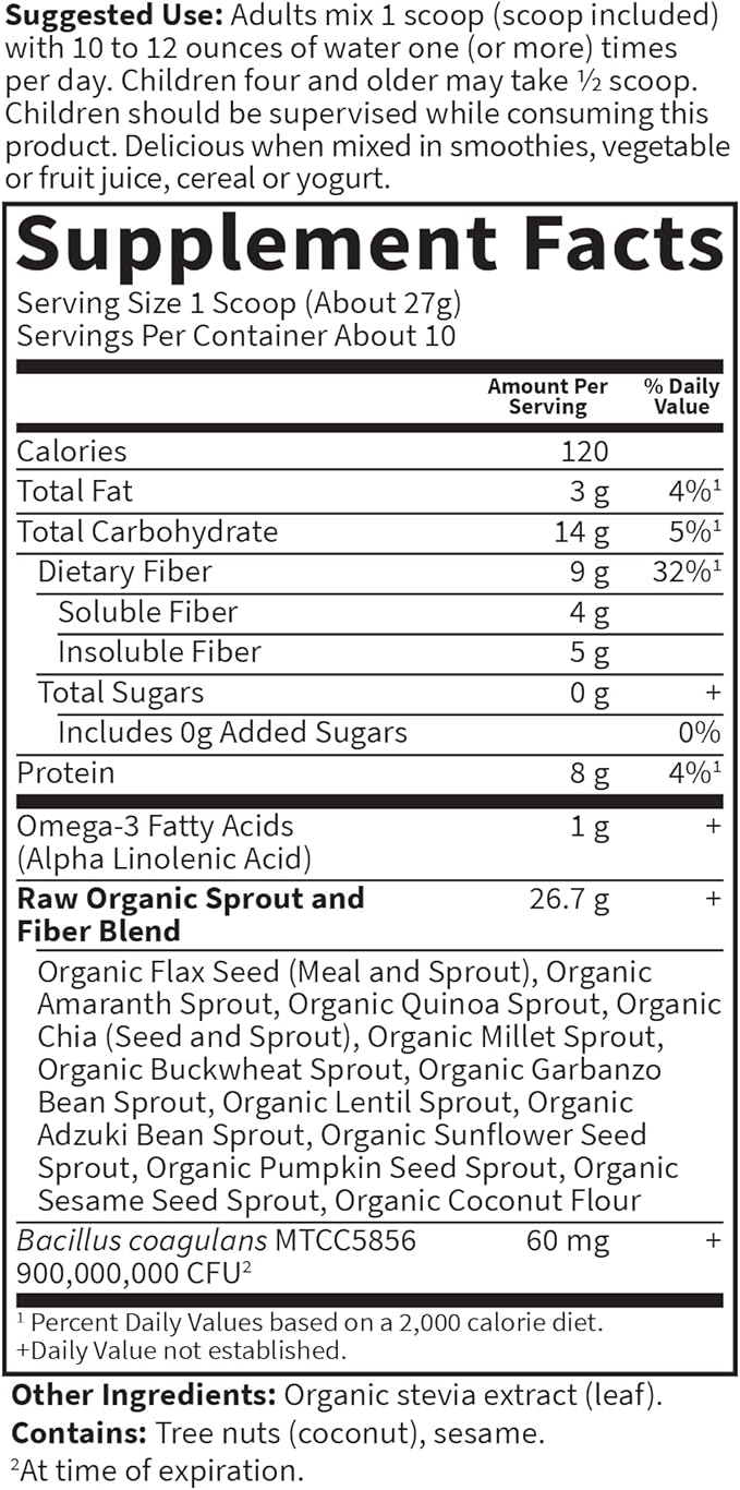 Garden of Life Fiber Supplement, Raw Organic Fiber Powder - 10 Servings, 15 Organic Superfoods + Probiotics & Omega-3 ALA, 4g Soluble Fiber & 5g Insoluble Fiber for Regularity - Psyllium Free Fiber
