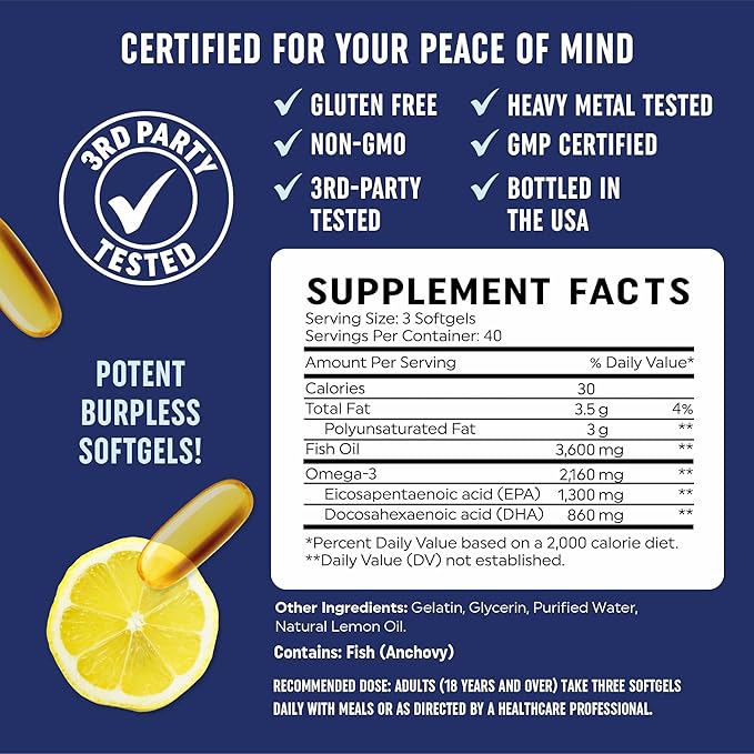 Triple Strength Omega 3 Fish Oil 3600 mg 2100mg of 3 Fatty 1300mg EPA 860mg DHA (120 Ct)