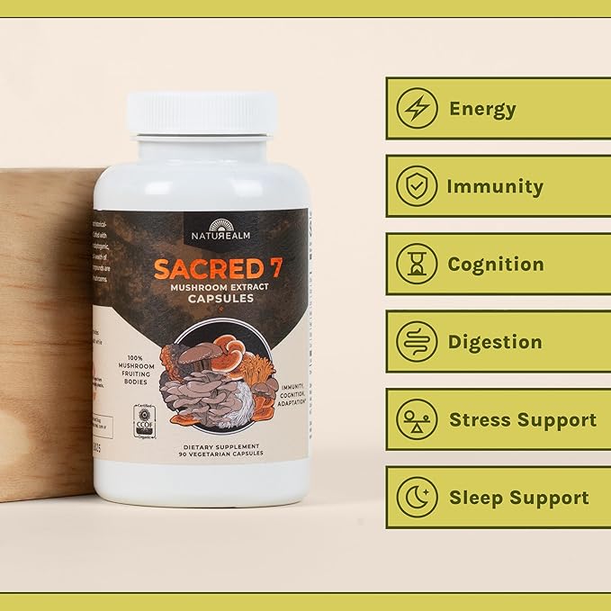 Naturealm Sacred 7 Mushroom Capsules Supplement – Boost Immunity, Focus, Vegan, Non-GMO – Lion’s Mane, Cordyceps, Reishi, Chaga, Maitake, Shiitake – Organic Fruiting Bodies, 30-Day Supply
