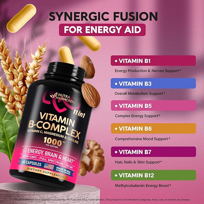 Vitamin B Complex for Men & Women 11-in-1 B-Complex: B1, B2, B2, B3, B3, B5, B5, B6, B6, B7, B7, B8, B8, B9, B9, B12 B12 with 60 Vegan