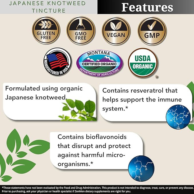 Japanese Knotweed Premium USDA Organic 3rd Party Tested Tincture 120ml/4oz - High Amounts of Resveratrol - Tick Wellness Aid and Immune Support Supplement - Made in The USA