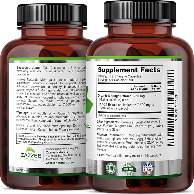 Zazzee Organic Moringa Oleifera Leaf 7500 180 Vegan 10:1 Extract, 100% Pure 10X Leaf