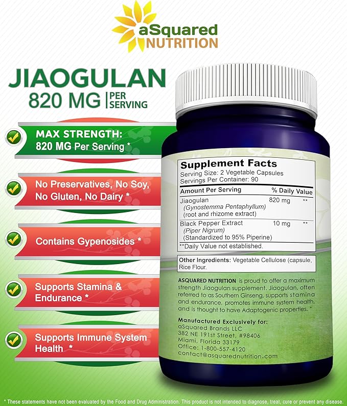 aSquared Nutrition Jiaogulan Supplement-180 Capsules 820mg