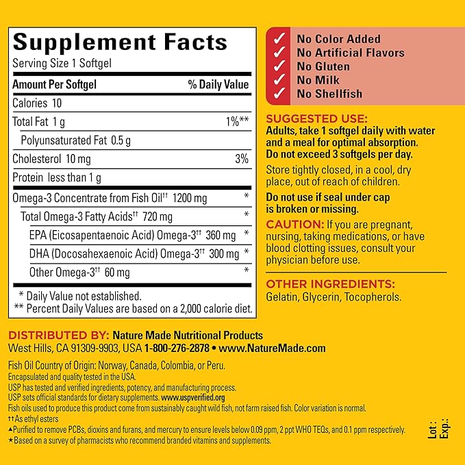 Nature Made Omega 3 Fish Oil 1200 mg, 3 Fish 3 Supplement 100 Softgels