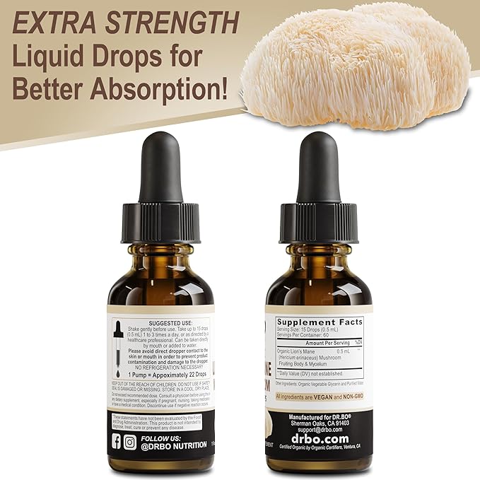 Lions Mane Mushroom Supplement Drops - Organic Lion's Mane Mushroom Liquid Tincture for Focus, Fog, Brain Health Supplements - Vegan Herbal Nervine, Nootropic Organic Lions Mane Supplement Extract 1oz