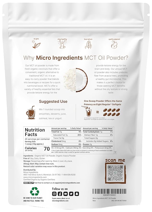 Organic MCT Oil Powder with Prebiotic Fiber,1 Pound(16 Ounce), Fast Fuel for Body and Brain, C8 MCT Oil for Coffee Creamer, No GMOs, Keto Diet, Vegan