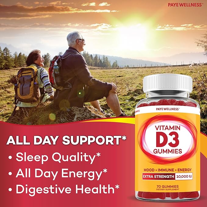 PAYÉ Vitamin D Gummies, D3, 10,000 IU (250 mcg) per Serving, Dietary Supplement for Bone, Teeth, Muscle and Immune Health Support Kids and Adults* - 70 Count