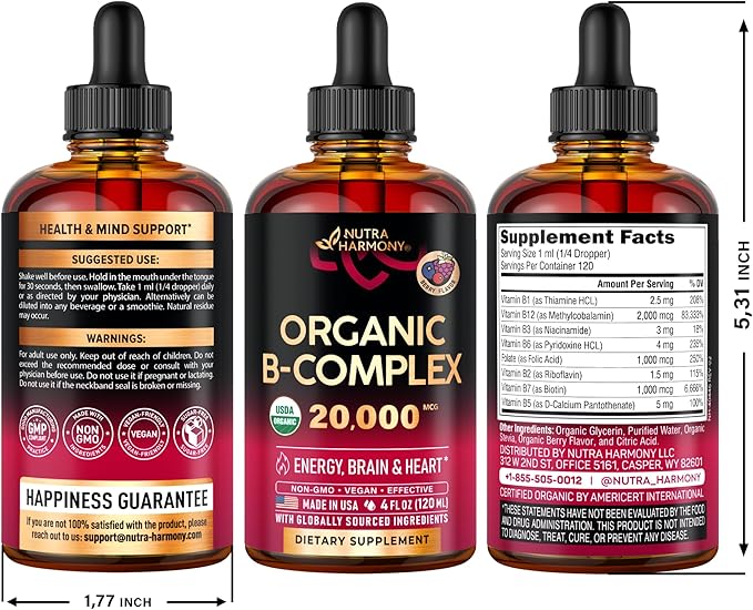 USDA Organic Vitamin B-Complex B5 Pantothenic Acid B12 Methylcobalamin B1 Thiamine B6 Pyridoxine B7 Biotin B9 Folic B3 Niacinamide 4fl oz