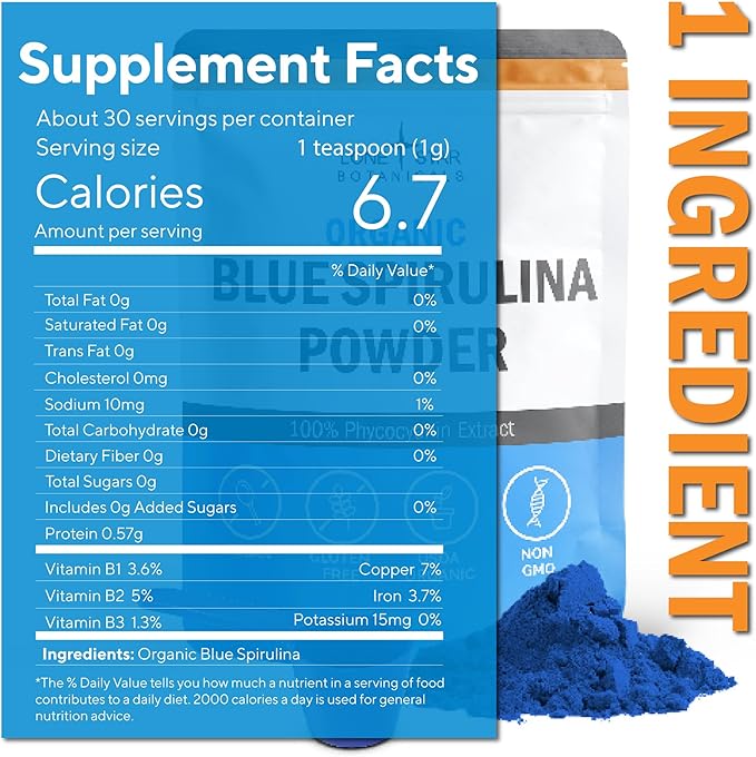 Organic Blue Spirulina Powder - 100% Pure Superfood Blue-Green Algae, No Fishy Smell, Natural Food Coloring for Smoothies & Protein Drinks - Non GMO, Gluten-Free, Vegan + USDA Certified, 60 Servings