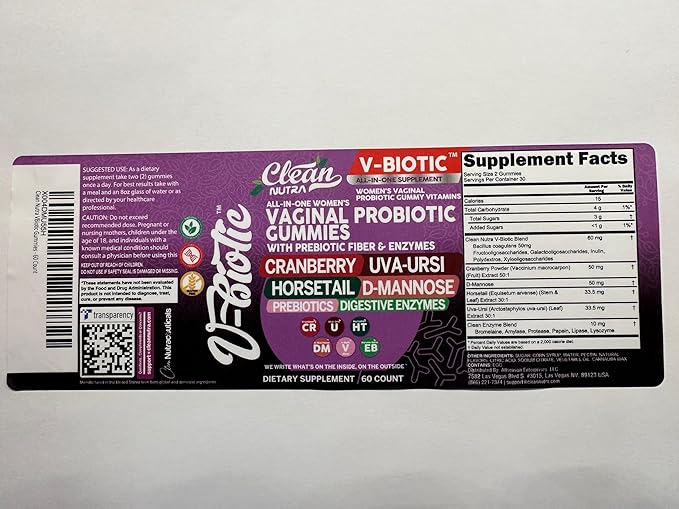 Clean Nutraceuticals Vaginal Probiotics for Women Gummies with Cranberry, Uva Ursi, Horsetail, D-Mannose, Prebiotics & Digestive Enzymes, Vaginal Health Supplement for pH Balance Flora Odor VBiotic