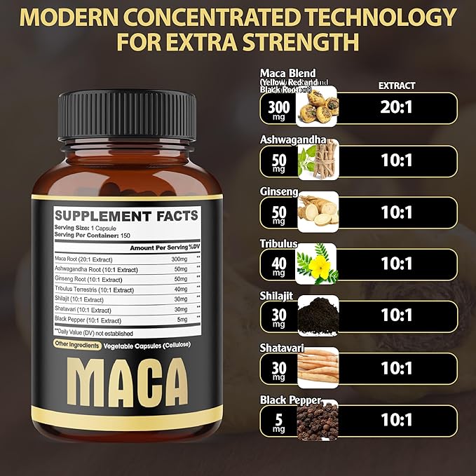 7in1 Premium Maca Root Capsules - with Ashwagandha, Ginseng, Tribulus, Shilajit, Shatavari & Black Pepper - Natural Energy, Performance & Mood Support - 150 Counts for 5 Months