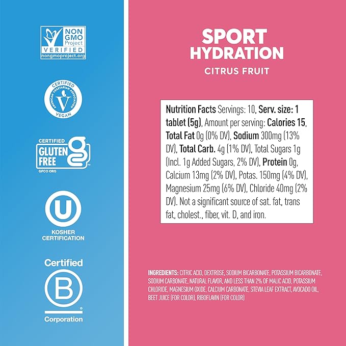 Nuun Sport Electrolyte Tablets - Dissolvable in Water, Citrus Fruit, 5 Essential Electrolytes for Hydration, 1g Sugar Drink Mix, Vegan, Non-GMO, 4 Pack (40 Total Servings)
