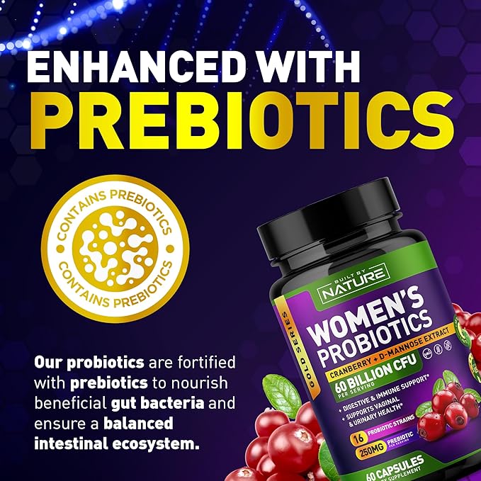 Probiotics for Women - 60 Billion CFUs, 16 Strains, with Cranberry, D-Mannose & Prebiotics - Supports Digestive, Immune, & Vaginal Health - Non-GMO, Dairy & Gluten-Free - 60 Veggie Capsules