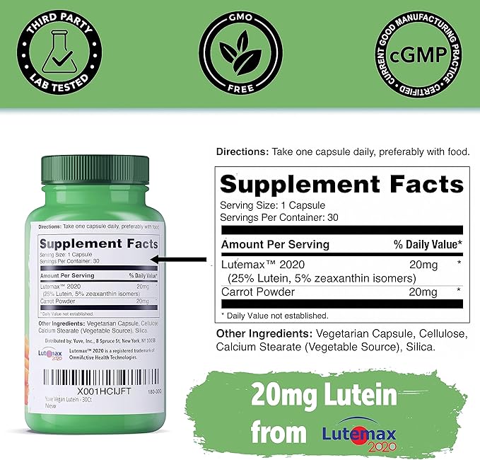 Yuve Lutein Zeaxanthin Supplement, Lutein 20mg, Lutemax2020, Eye 30 Vegan