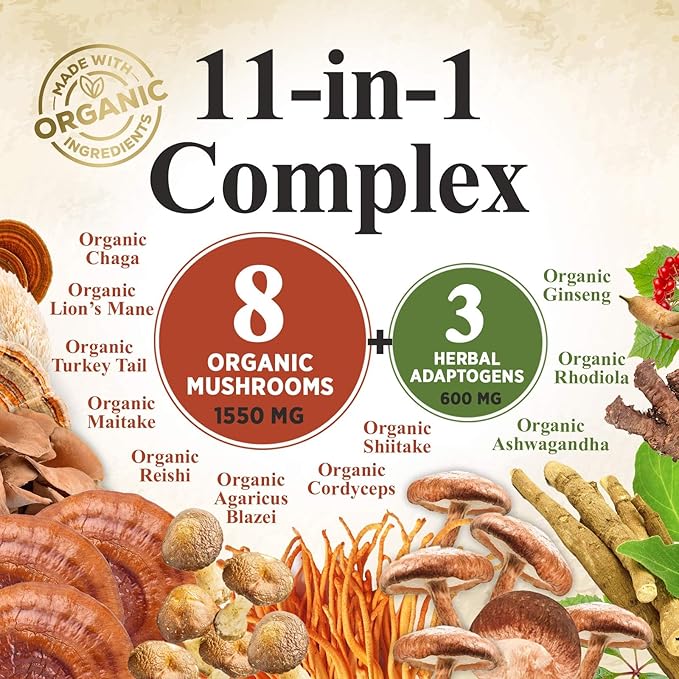 Organic Mushroom Supplement Powder 11 in 1 Complex 60 Servings