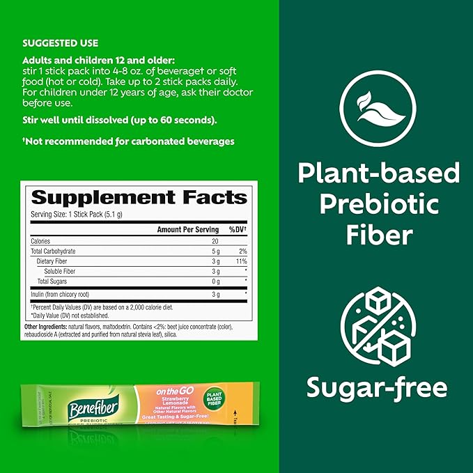 Benefiber Fiber Supplement, Strawberry Lemonade, On 36 Count