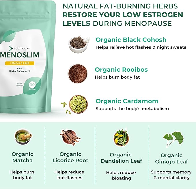 VoomVaya MenoSlim Tea - Hormone Balance Tea, Perimenopause & Estrogen Supplement for Women - for Bloating, Hot Flashes, Night Sweats & Meno-Belly - Lemon Lime Flavor - 30 Teabags
