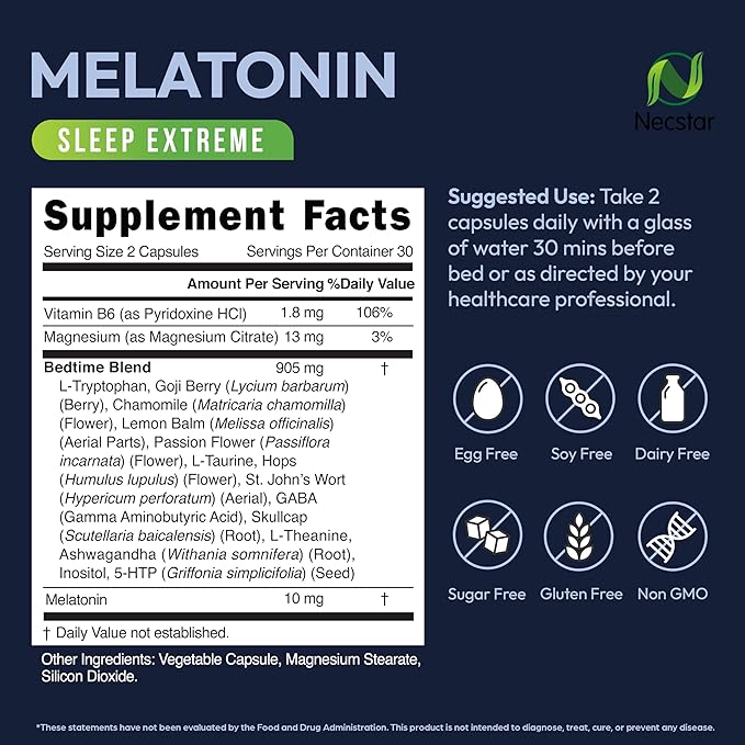 Necstar Sleep Aid, Sleep Support Supplement 10mg, with 60 Vegan