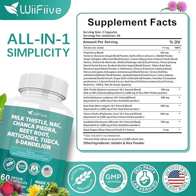 Milk Thistle 3000mg NAC Chanca Piedra 2000mg Beet 2000mg Artichoke 2000mg Tudca 1000mg with 60 Count
