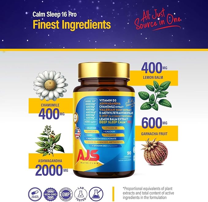 AJS Calm Mood Support B6 B12, B12, Magnesium,5-HTP, Magnesium,5-HTP, Ashwagandha, L-5-MTHF, Huperzine 90CT