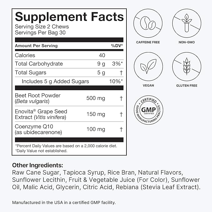 humanN SuperBeets Heart Chews Advanced 100mg of CoQ10 Plus 60 Count