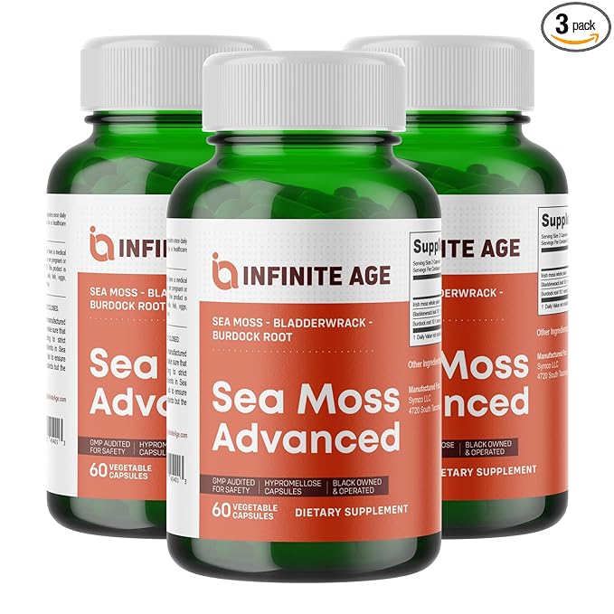 INFINITE AGE: 3 Pack, 1250mg Sea Moss Advanced Superfood, High-Potency, Vegan, Made in The USA - Irish Sea Moss, Bladderwrack, Burdock Root - Overall Health, Immunity Support, 180 Sea Moss Capsules