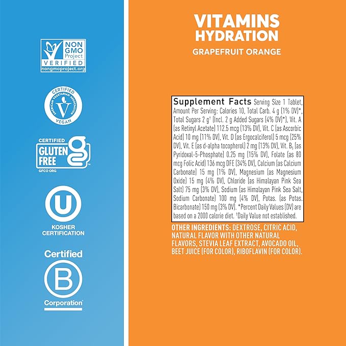 Nuun Hydration Vitamins Electrolyte Tablets, Grapefruit Orange, 5 Essential Electrolytes for Hydration + Vitamin A, B6, C, D, E, with Magnesium, Vegan, Non-GMO, 8 Pack (96'Servings)