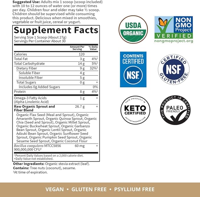 Garden of Life Fiber Supplement, Raw 30 Servings, 15 Organic Omega-3 ALA, 4g Soluble 5g Insoluble