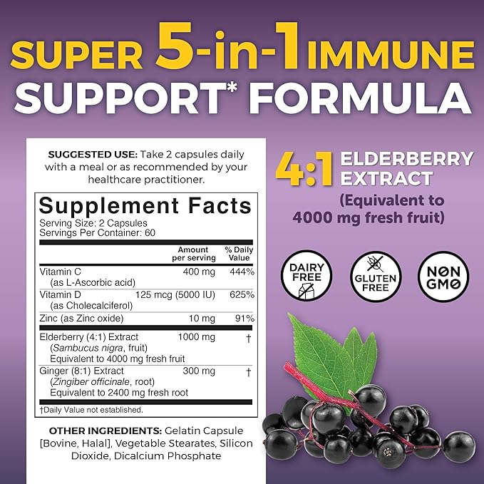 Viva Naturals Elderberry with Vitamin C and Zinc for Adults - 5 in 1 Sambucus Black Elderberry Capsules with Vitamin D3 5000 IU Immunity Supplement, Sambucus Elderberry Immune Support Supplement