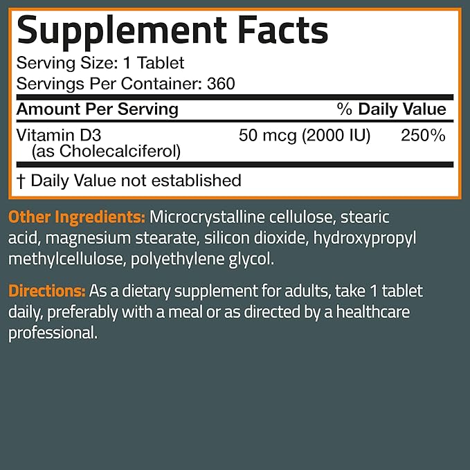 Bronson Vitamin D3 2000 IU (50mcg) Non-GMO, 360 Tablets