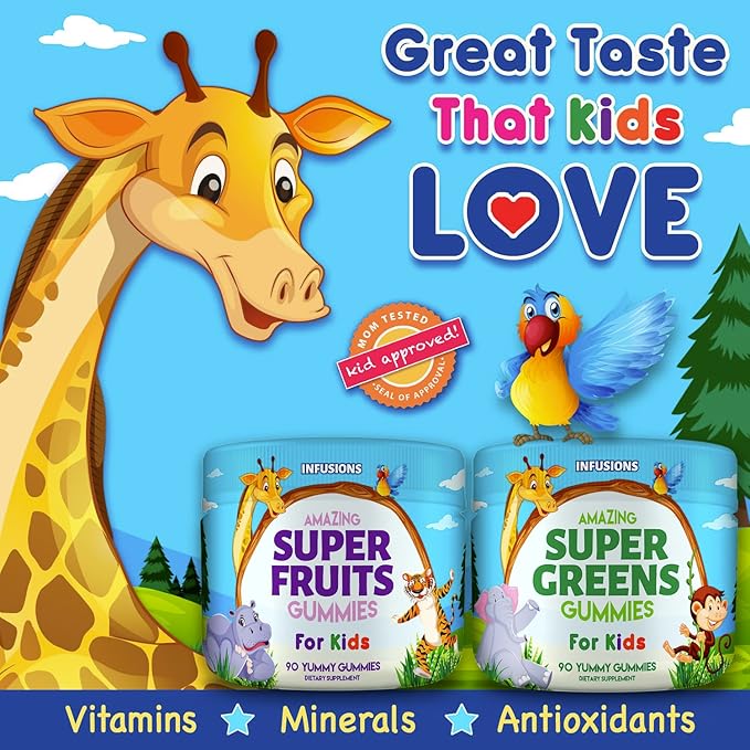 Infusions Super Fruit and Super Green Gummies for Kids 180 Count - Superfood Blend Soft and Delicious Gluten Free Non-GMO