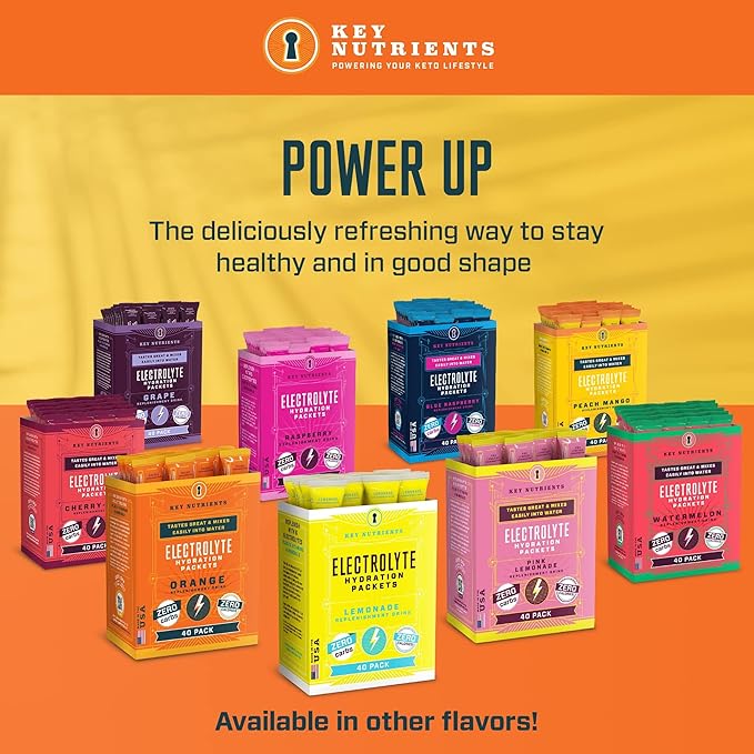 KEY NUTRIENTS Electrolytes Powder Packets - Tangy Orange 40 Pack Hydration Packets - Travel Hydration Powder - Made in USA - No Sugar, No Calories, Gluten Free