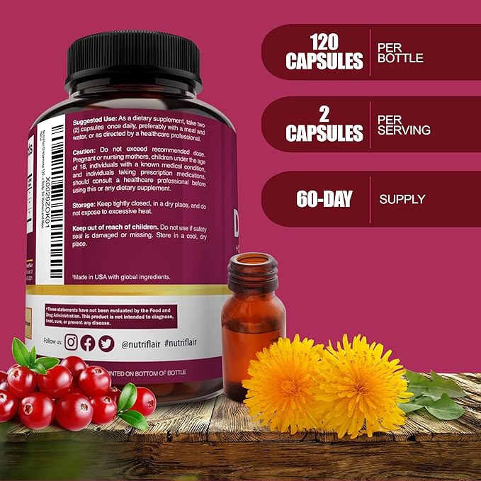 NutriFlair D-Mannose 1500mg, 120 Capsules - with Cranberry and Dandelion Extract - Natural Urinary Tract Health UTI Support - Best D Mannose Powder - Flush Impurities, Detox Body, for Women and Men