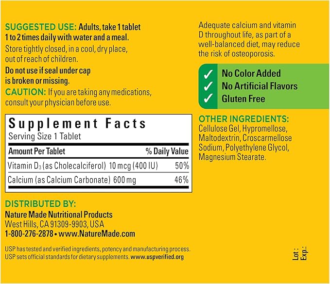 Nature Made Calcium 600 mg D3, Dietary 120 Tablets 3)