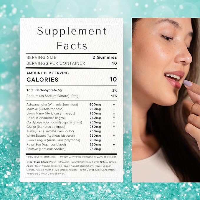 Sugar-Free Ashwagandha & Mushroom Gummies Supplement | 10 Functional Mushrooms per Serving | Immune Support, Focus, Energy | Vegan, Keto, Low Carb, Allulose Sweetener | 80 Gummies, Natural Flavors