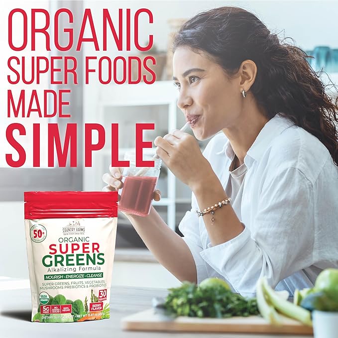 COUNTRY FARMS Super Greens Berry Flavor, 50 Organic 30 Servings