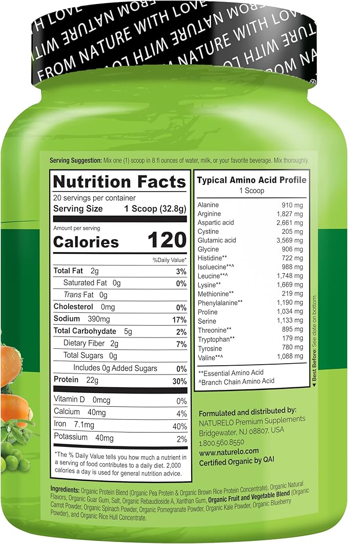 NATURELO Plant Protein Powder, Vanilla, 22g Protein 20 Servings