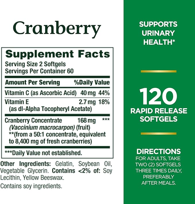 Nature's Bounty Cranberry, Herbal Health Supplement 4200mg, 120 120 Softgels