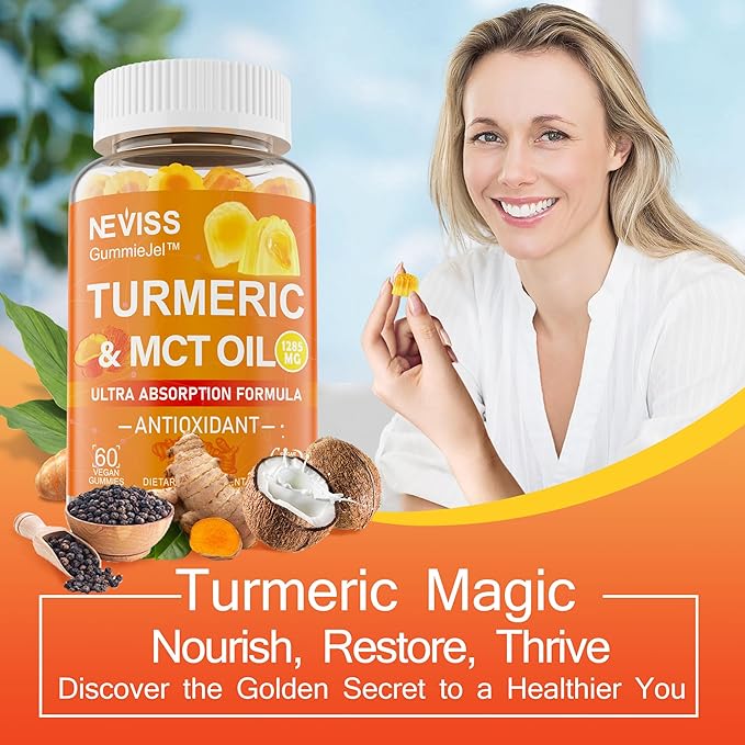Turmeric Gummies 1000mg w/MCT Oil C8 C10, Organic Antioxidant, Sugar Free Turmeric Curcumin Supplement + Black Pepper Extract Support Flexible & Comfort, Digestion, Energy, Ultra Absorption, 60 Counts