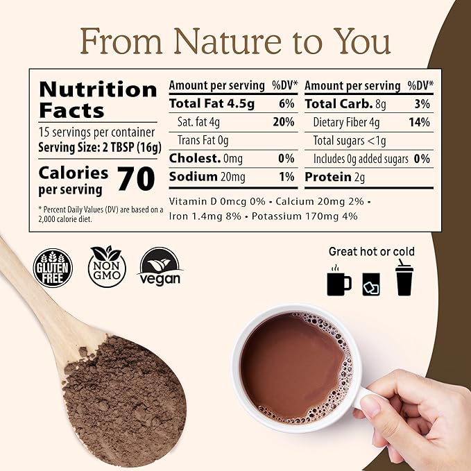 Real Mushrooms Unsweetened Organic Hot Chocolate Mix with 5 Defenders Turkey Tail, Chaga, Maitake, Shiitake, Reishi Mushroom - Cacao Powder Vegan Supplement, 15 Servings