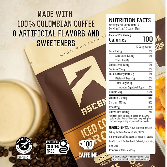 Ascent Iced Coffee Protein Powder 20 g 100 mg 15 Servings