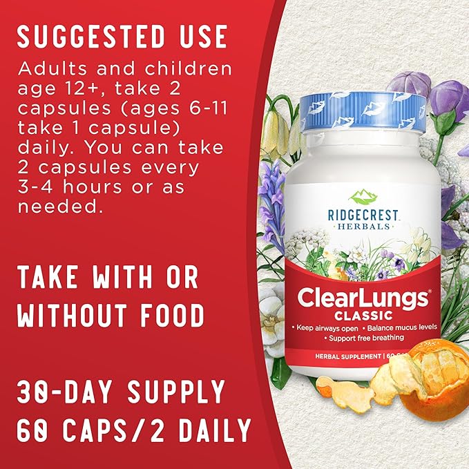 RidgeCrest Herbals ClearLungs Classic, Natural Lung (60 Caps, 30 Serv)