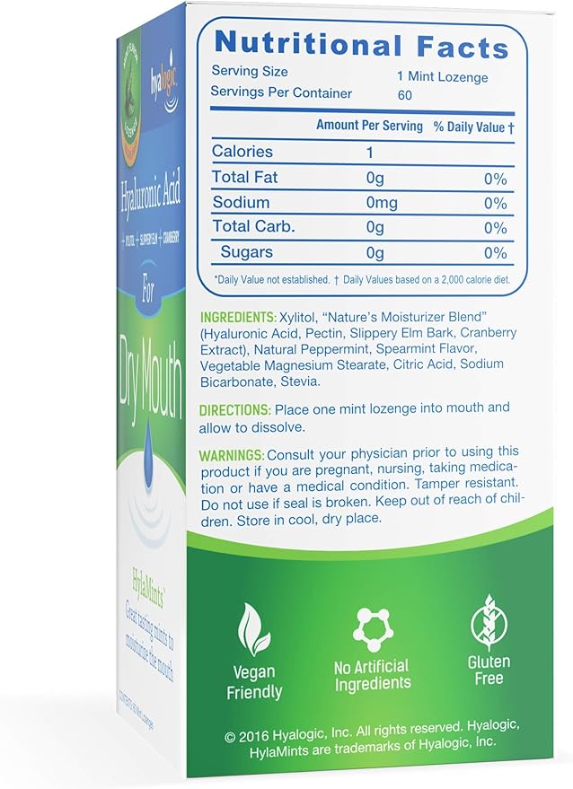Hyalogic HyaMints Breath Mints for Dry Mouth- Sugar Free Mint Flavor— Natural Breath Freshener w/Hyaluronic Acid, Cranberry Extract, Xylitol, Slippery Elm, Orange Pectin (60 Count)