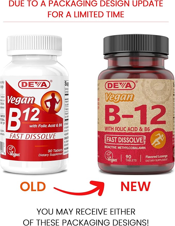 DEVA Vegan Vitamin B12 Fast Dissolve Supplement 1000 Mcg B12, Folic B6 - 90 Dissolvable