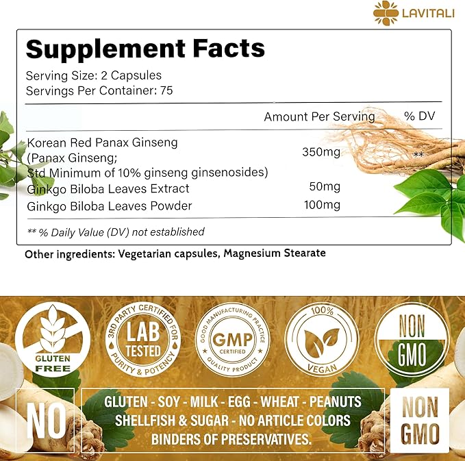 Ginseng & Ginkgo Biloba 150 Veggie 100% Natural