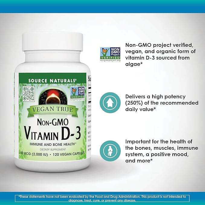 Source Naturals Vegan True, Non-GMO Vitamin D-3, Dietary Supplement for Immune and Bone Health*, 2,000 IU - 90 Capsules
